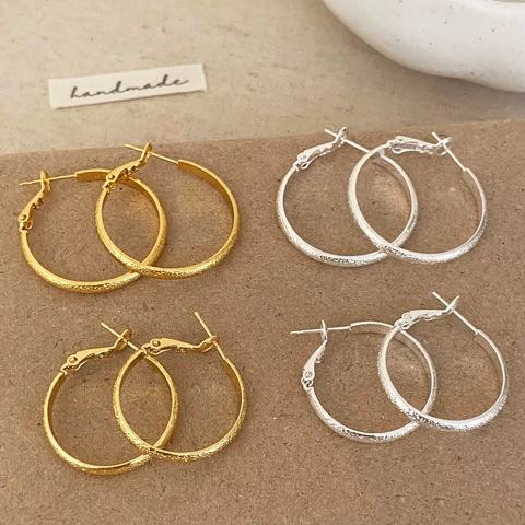 Textured Hoop Earrings With Copper Earring Post Geometric Matte Round Gold Silver Plated Minimalist Lightweight For Women