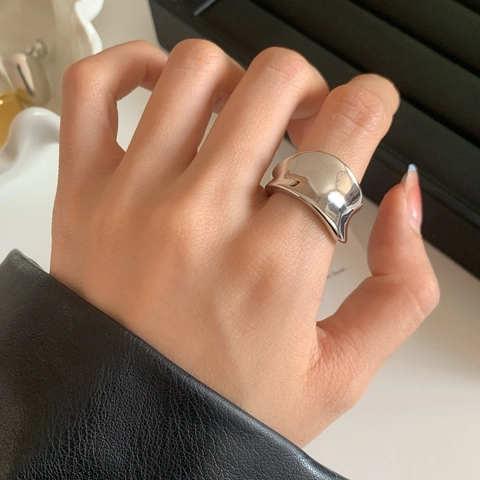 Irregular Wave Wide Band Ring Copper Open Adjustable Glossy Mirror Finish Minimalist Jewelry For Women