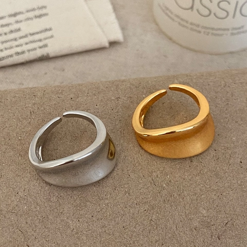 Irregular Wave Wide Band Ring Copper Open Adjustable Glossy Mirror Finish Minimalist Jewelry For Women