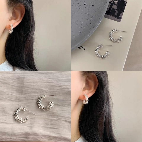 C Shaped Hoop Stud Earrings Copper With Irregular Texture Plated Gold Silver Minimalist Luxury Design For Women