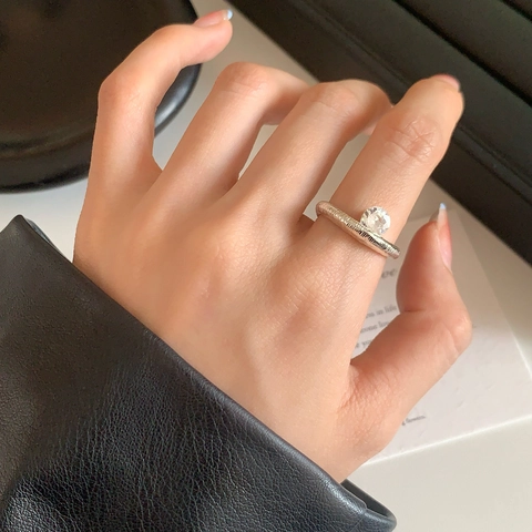 Vintage Textured Adjustable Ring For Women Retro Style Copper With Zircon Stone Elegant Light Luxury Fashion Jewelry