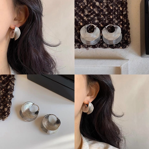 Orecchini A Cerchio In Rame Texturizzati Forma Di Conchiglia Onda Stile Vintage Francese Con Perno In Argento Sterling 925