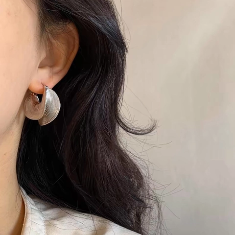 Orecchini A Cerchio In Rame Texturizzati Forma Di Conchiglia Onda Stile Vintage Francese Con Perno In Argento Sterling 925