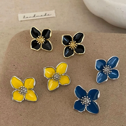 Vintage Floral Petal Flower Stud Earrings Enamel Drip Oil Copper Base Elegant Chic Ear Jewelry Accessory For Women