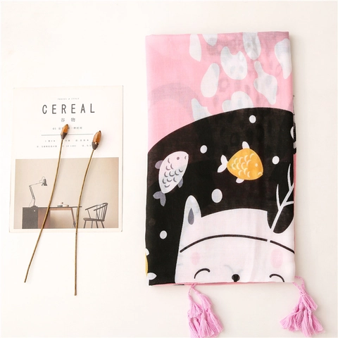Women Lightweight Scarf Shawl Cotton Linen Feel Polyester Cartoon Cat Fish Print Tassel Sunscreen Beach Decorative