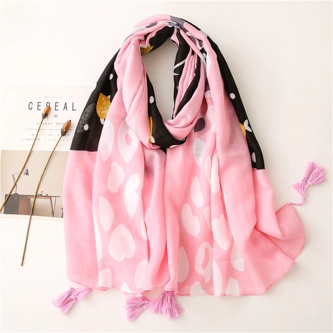 Women Lightweight Scarf Shawl Cotton Linen Feel Polyester Cartoon Cat Fish Print Tassel Sunscreen Beach Decorative