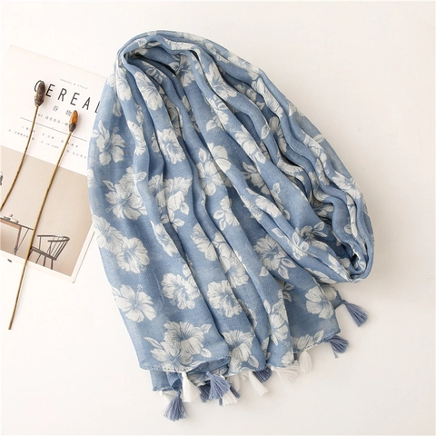 Women Scarf Shawl Floral Hibiscus Print Tassels Cotton Linen Feel Polyester Sun Protection Sweet Bohemian