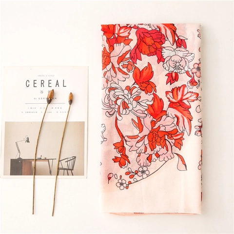 Floral Print Long Scarf Lightweight Polyester Cotton Feel Cherry Blossom Pattern Elegant Shawl For Women Wrap Versatile Soft