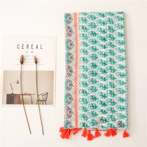 Floral Striped Scarf Shawl Polyester Voile Cotton Linen Feel Bohemian Lightweight Sunscreen Wrap With Orange Tassels