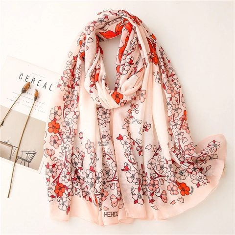 Floral Print Long Scarf Lightweight Polyester Cotton Feel Cherry Blossom Pattern Elegant Shawl For Women Wrap Versatile Soft