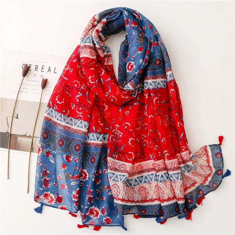 Ethnic Floral Print Scarf Shawl Cotton Linen Feel Sun Protection Tassel Fringe Women