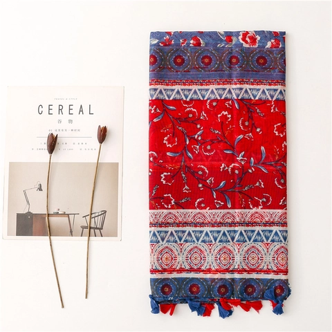 Ethnic Floral Print Scarf Shawl Cotton Linen Feel Sun Protection Tassel Fringe Women