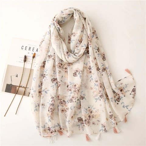 Floral Print Scarf Shawl Women Soft Lightweight Bali Yarn Sun Protection Vintage Beach Wrap With Tassels