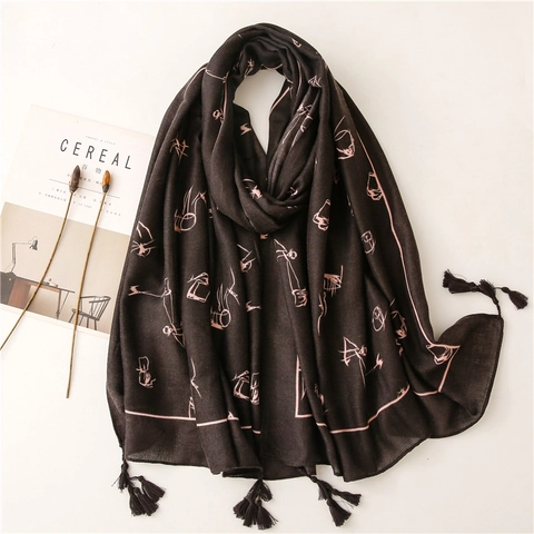 Vintage Ethno Damen Dunkelbraun Schal Stola Mit Rosa Abstrakten Figurenlinien Druck Quasten Polyester Baumwoll Leinen Gefühl
