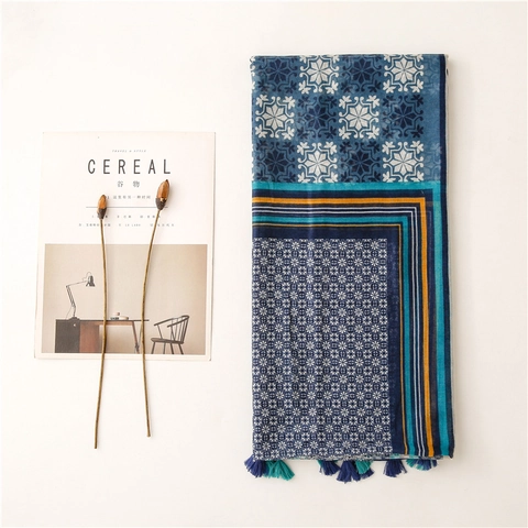 Bohemian Print Scarf Shawl Women Polyester Voile Cotton Linen Feel Tassels Sun Protection Ethnic Geometric Travel Wrap