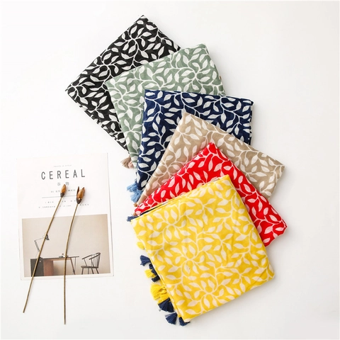 Écharpe Châle Femme Imprimé Feuilles Doux Toucher Coton Lin Pompon Protection Solaire Plage Accessoire Mode