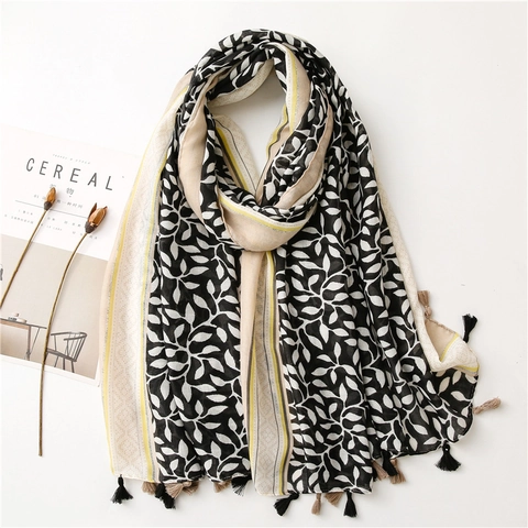 Écharpe Châle Femme Imprimé Feuilles Doux Toucher Coton Lin Pompon Protection Solaire Plage Accessoire Mode