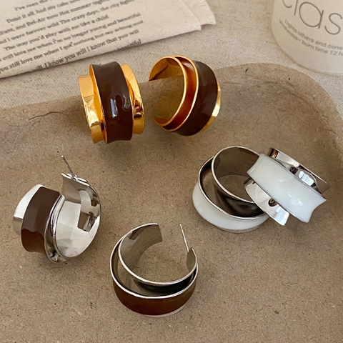 Pendientes De Aro En Forma De C De Esmalte Retro Francés Para Mujer Minimalistas Geométricos Doble Capa Anchos De Cobre