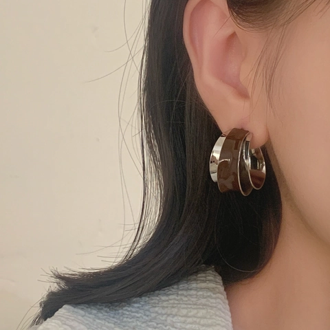 Pendientes De Aro En Forma De C De Esmalte Retro Francés Para Mujer Minimalistas Geométricos Doble Capa Anchos De Cobre