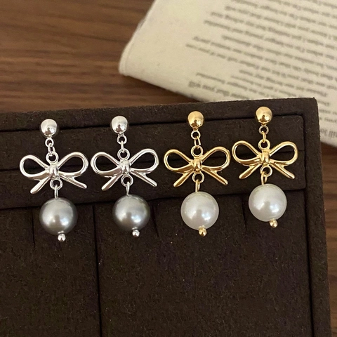 Eleganti Orecchini Pendenti Con Künstliche Perle E Fiocco Con Perno In Rame Gioielli Di Moda Quotidiana Per Donne Placcato Oro