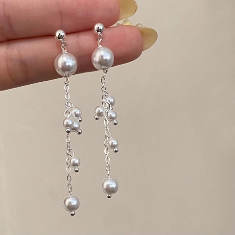 Elegant Long Tassel Drop Artificial Pearl Earrings With Copper Earring Post Fashion Luxury Style For Women
