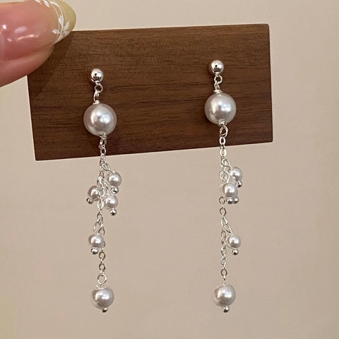 Elegant Long Tassel Drop Artificial Pearl Earrings With Copper Earring Post Fashion Luxury Style For Women
