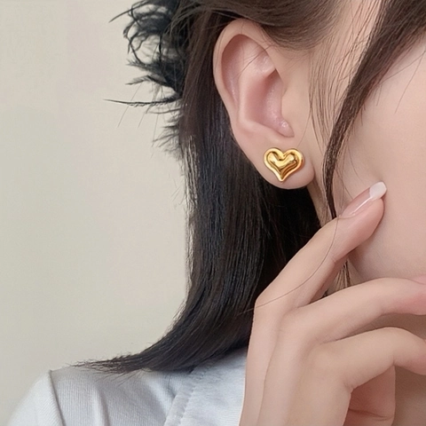 Shiny Heart Stud Earrings 14K Gold Silver Plated Copper Simple 3D Metallic Jewelry For Women Daily Chic Elegant