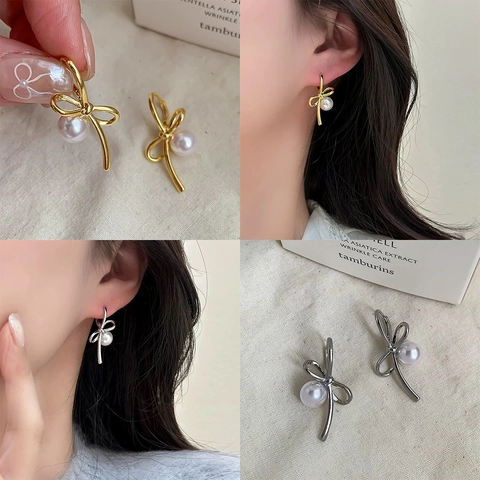 Pendientes De Botón Con Lazo Y Perla Artificial Elegantes Franceses Cobre Perla Artificial De Concha Joyería Dulce Para Mujeres