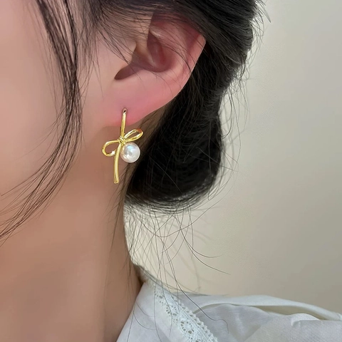 Pendientes De Botón Con Lazo Y Perla Artificial Elegantes Franceses Cobre Perla Artificial De Concha Joyería Dulce Para Mujeres