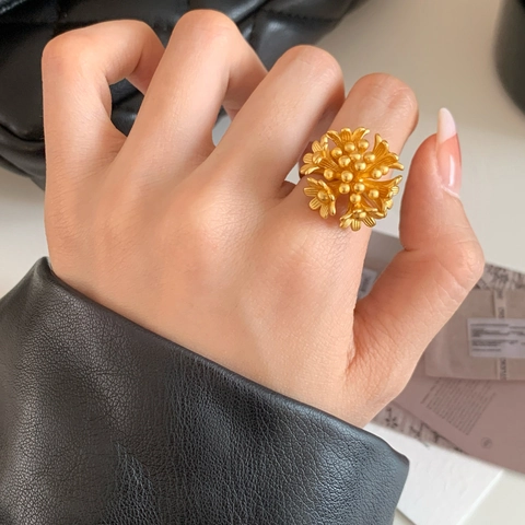 Vintage Blumen Cluster Offener Ring Kupfer Matt Plattiert Verstellbarer Fingerschmuck Damen