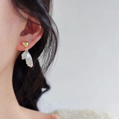 Boucles D'oreilles Pendantes Cœur Aile Style Français Or Argent Bicolore Bijoux En Cuivre Avec Tige En Argent Sterling 925 Pour Femmes