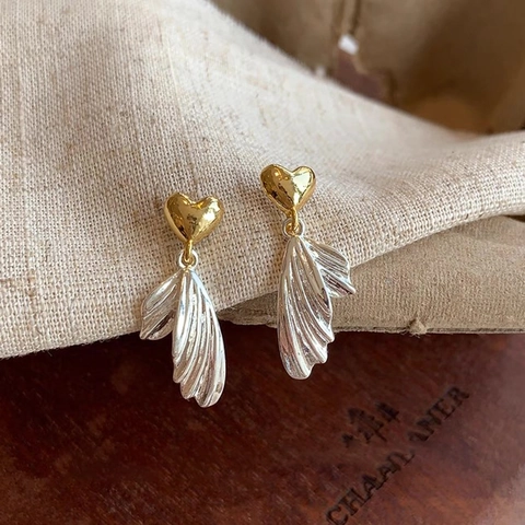 Boucles D'oreilles Pendantes Cœur Aile Style Français Or Argent Bicolore Bijoux En Cuivre Avec Tige En Argent Sterling 925 Pour Femmes