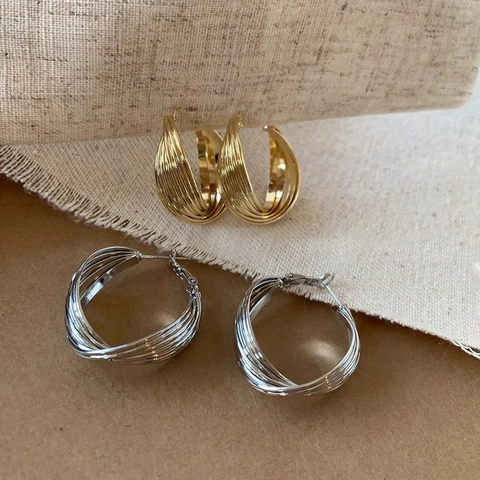 Pendientes De Aro De Bobina Multicapa Retorcidos Elegante Francés Minimalista Cobre Metal Chapado Oro Plata Joyería Para Mujer