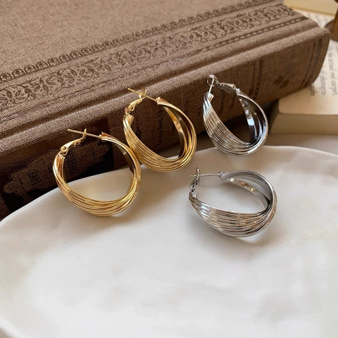 Pendientes De Aro De Bobina Multicapa Retorcidos Elegante Francés Minimalista Cobre Metal Chapado Oro Plata Joyería Para Mujer