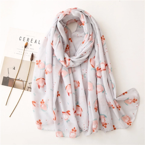 Elegant Floral Print Scarf Shawl Lightweight Polyester Cotton Linen Feel Sun Protection Wrap For Women