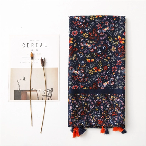 Women Ethnic Floral Dragonfly Print Scarf Shawl Polyester Cotton Linen Feel Tassel Beach Sun Protection