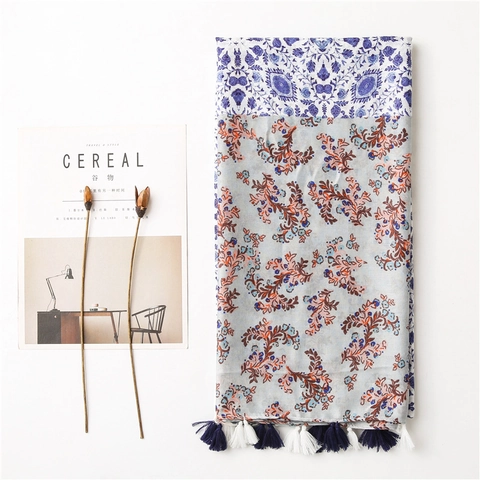 Vintage Floral Print Scarf Shawl With Tassels Bohemian Elegant Cotton Linen Feel Polyester Sunscreen Wrap For Women