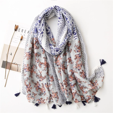 Vintage Floral Print Scarf Shawl With Tassels Bohemian Elegant Cotton Linen Feel Polyester Sunscreen Wrap For Women