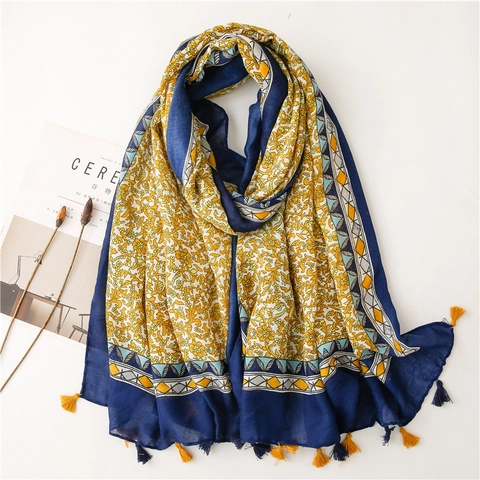 Bohemian Floral Print Scarf Ethnic Tassel Shawl Long Polyester Cotton Beach Wrap Sun Protection For Women