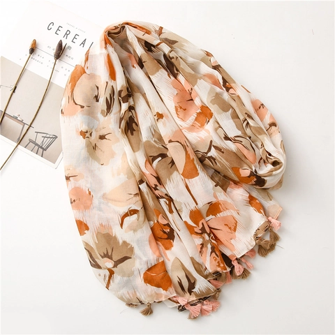 Floral Butterfly Paisley Print Shawl Scarf Cotton Linen Feel Polyester With Tassels Elegant Sun Protection Beach Wrap
