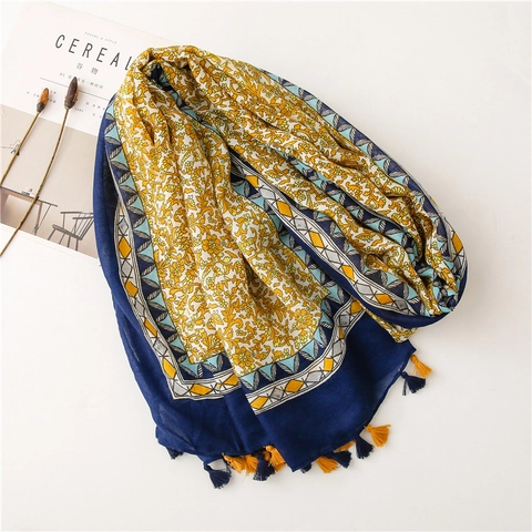 Bohemian Floral Print Scarf Ethnic Tassel Shawl Long Polyester Cotton Beach Wrap Sun Protection For Women