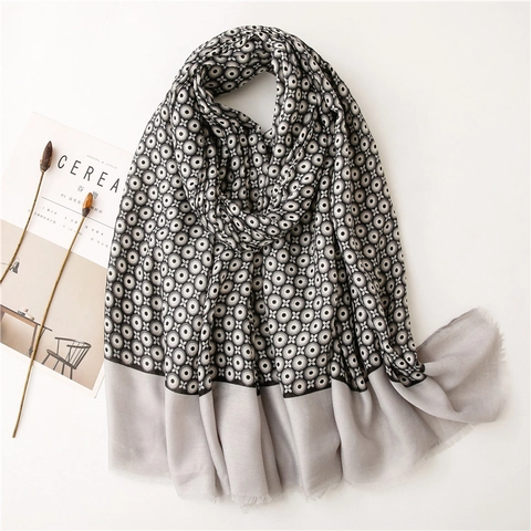 Long Scarf Shawl Geometric Circle Print Cotton Linen Feel Polyester Patchwork Decorative Tassel Wrap For Women