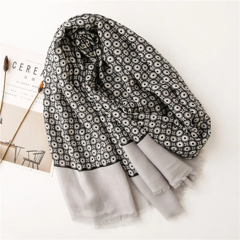 Long Scarf Shawl Geometric Circle Print Cotton Linen Feel Polyester Patchwork Decorative Tassel Wrap For Women