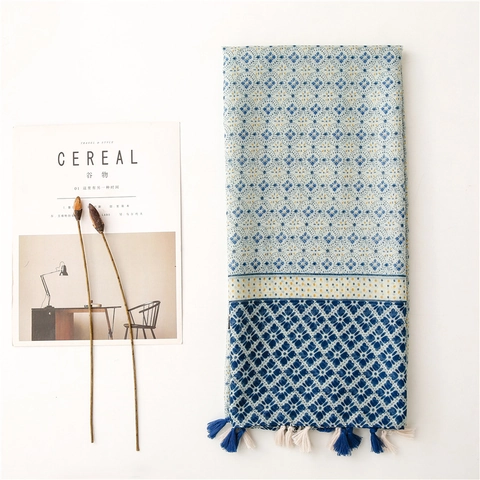 Bohemian Geometric Floral Print Scarf Shawl Lightweight Polyester Cotton Linen Feel Long Tassel Pashmina Wrap For Women