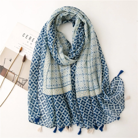 Bohemian Geometric Floral Print Scarf Shawl Lightweight Polyester Cotton Linen Feel Long Tassel Pashmina Wrap For Women