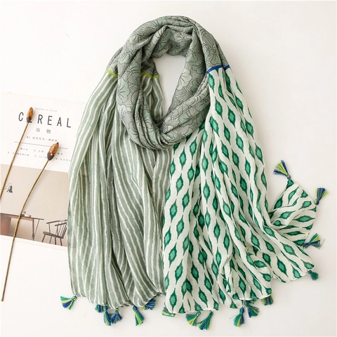 Retro Printed Shawl Scarf Women Geometric Floral Pattern Polyester Tassel Fringe Wrap Sunshade Travel Bohemian Style