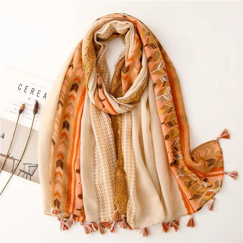Bohemian Feather Print Scarf Shawl Lightweight Cotton Polyester Ethnic Geometric Tassel Beach Sun Protection Wrap