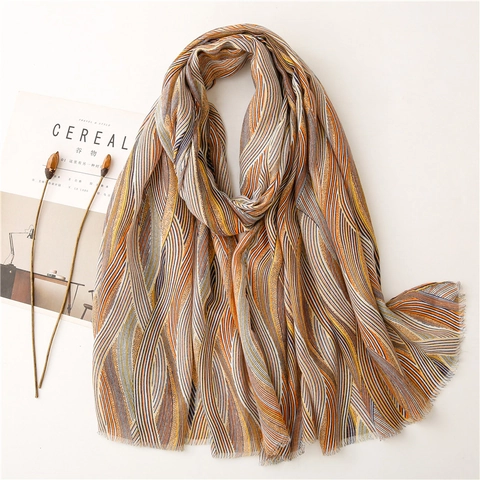 Retro Wavy Stripe Scarf Shawl Lightweight Breathable Cotton Polyester Abstract Pattern Frayed Edge For Women