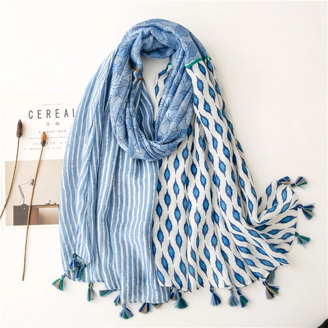 Retro Printed Shawl Scarf Women Geometric Floral Pattern Polyester Tassel Fringe Wrap Sunshade Travel Bohemian Style