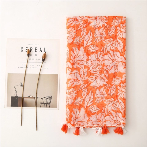 Orange Floral Print Scarf Shawl With Sequins And Tassels Polyester Voile Cotton Linen Touch For Women